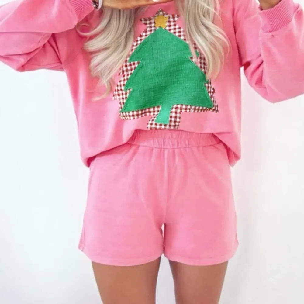 Pink Patchwork Christmas Tree Short Set